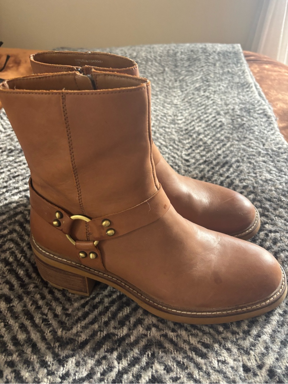 Steve Madden Cognac Leather Mid-Heel Harness Ankle Boots